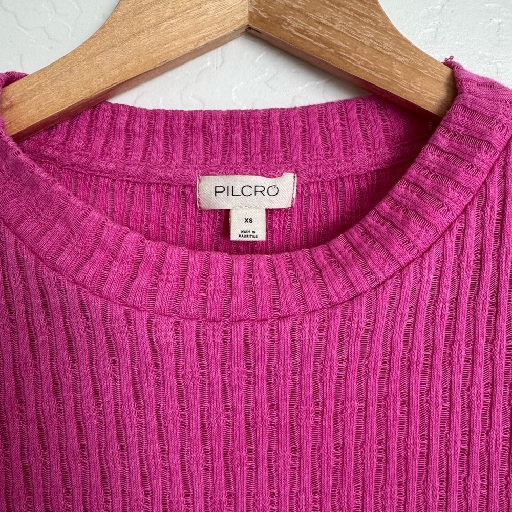 Anthropologie Pilcro Textured Rib Layering Tee Bright Pink Size Extra Small - Picture 3 of 6